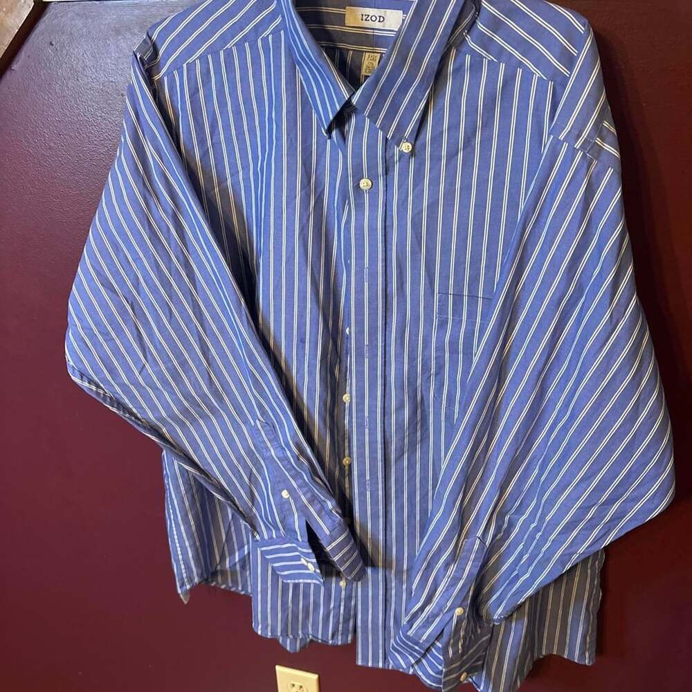 IZOD Striped Button-Up Shirt Size 17 1/2 34/35 Blue White 100% Cotton